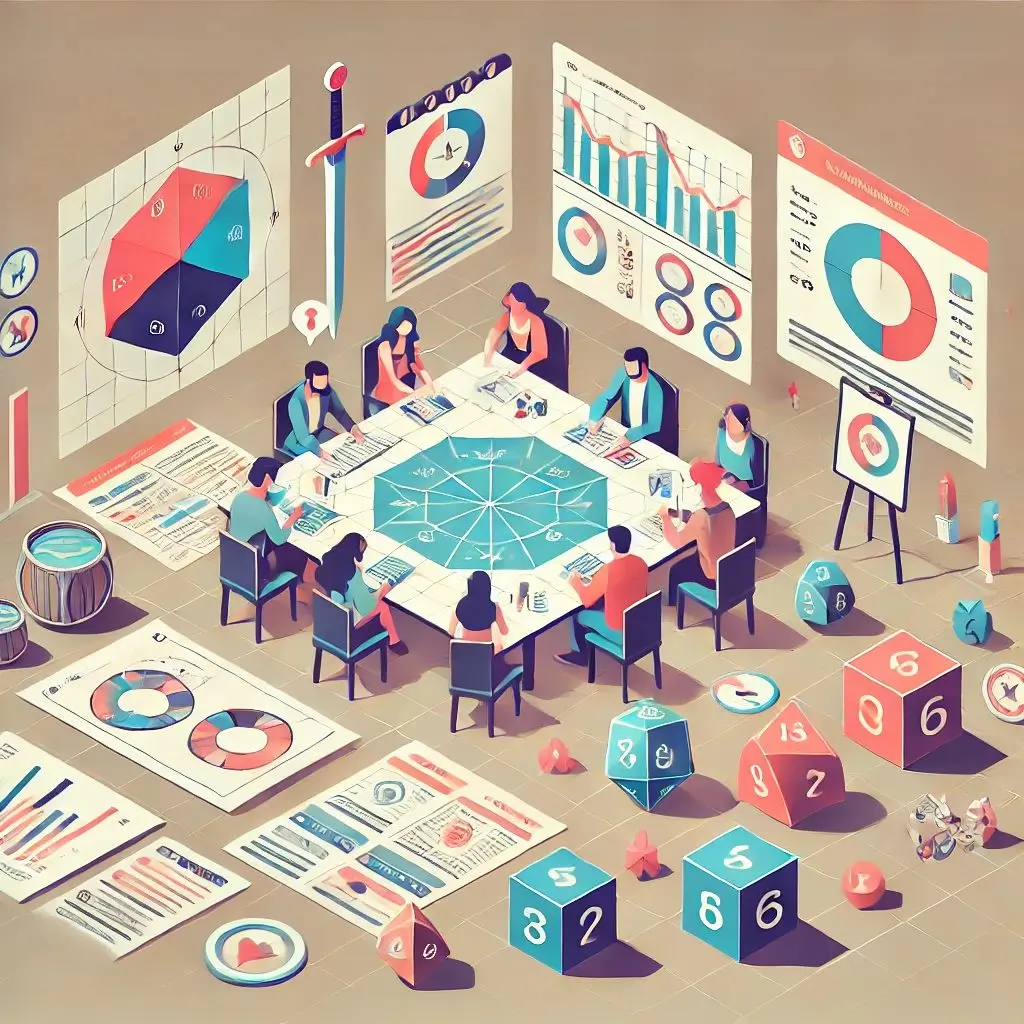 Ein viereckiger Tisch an dem mehrere Menschen sitzen. Mehrere Grafiken sind Plakatförmig im Hintergrund an den Wänden zu sehen. Die Grafiken an den Wänden passen thematisch zum Ingame-Advertising und beinhalten Diagramme o.ä. Ingame Advertising