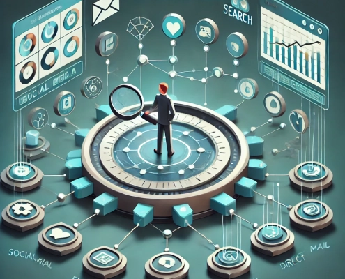 Ein Mann mit einer Lupe der auf eine, Podest steht, der eine Marketing-Analyse zeigt, die Begriffe