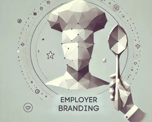 Ein minimalistisches, low-poly Grafikdesign mit dezenten Farben." Das Bild zeigt eine einfache Darstellung von miteinander verbundenen Elementen, die Netzwerke oder Ideen repräsentieren. Die geometrischen Formen und klaren Linien erzeugen ein Gefühl von Modernität und Struktur, ohne überwältigend zu wirken. "Das Design ist leicht und fokussiert, was die zentrale Botschaft klar und prägnant vermittelt. Auf dem Bild steht das Wort "Employer Branding" was auf den Inhalt des Blogbeitrags zum Thema Arbeitgebermarke schließen lässt.