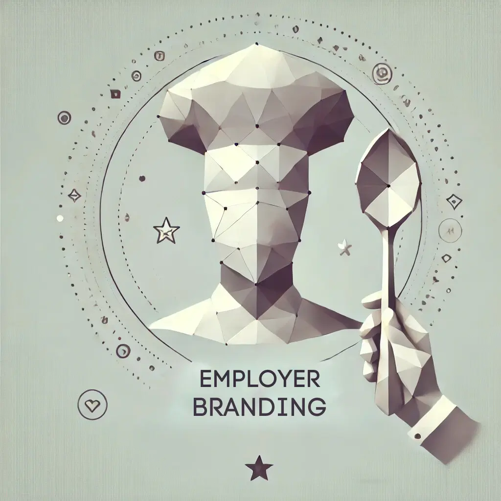 Bild_Arbeitgebermarke Ein minimalistisches, low-poly Grafikdesign mit dezenten Farben." Das Bild zeigt eine einfache Darstellung von miteinander verbundenen Elementen, die Netzwerke oder Ideen repräsentieren. Die geometrischen Formen und klaren Linien erzeugen ein Gefühl von Modernität und Struktur, ohne überwältigend zu wirken. "Das Design ist leicht und fokussiert, was die zentrale Botschaft klar und prägnant vermittelt. Auf dem Bild steht das Wort "Employer Branding" was auf den Inhalt des Blogbeitrags zum Thema Arbeitgebermarke schließen lässt.