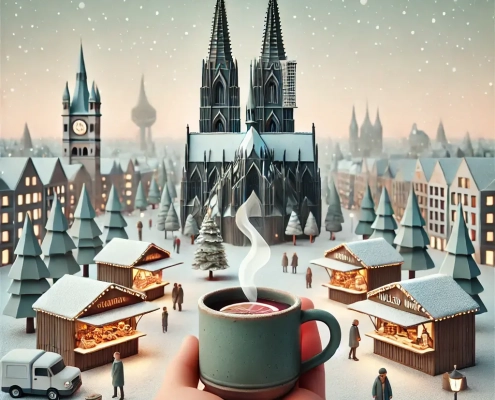 Eine minimalistische Winterszene eines Weihnachtsmarktes in Köln vorm Dom, gestaltet im Low-Poly-Stil mit gedämpften Farben wie Petrolgrün, Beige und Grau. Im Vordergrund hält eine Hand einen dampfenden Glühweinbecher. Im Hintergrund sind Weihnachtsmarktstände mit warmen Lichtern, kleine, stilisierte Figuren sowie geometrische Tannenbäume zu sehen. Der Kölner Dom dominiert die Skyline, ergänzt durch sanft fallenden Schnee und eine moderne, ruhige Ästhetik. Veranschaulichung der Customer Experience auf dem Kölner Weihnachtsmarkt.