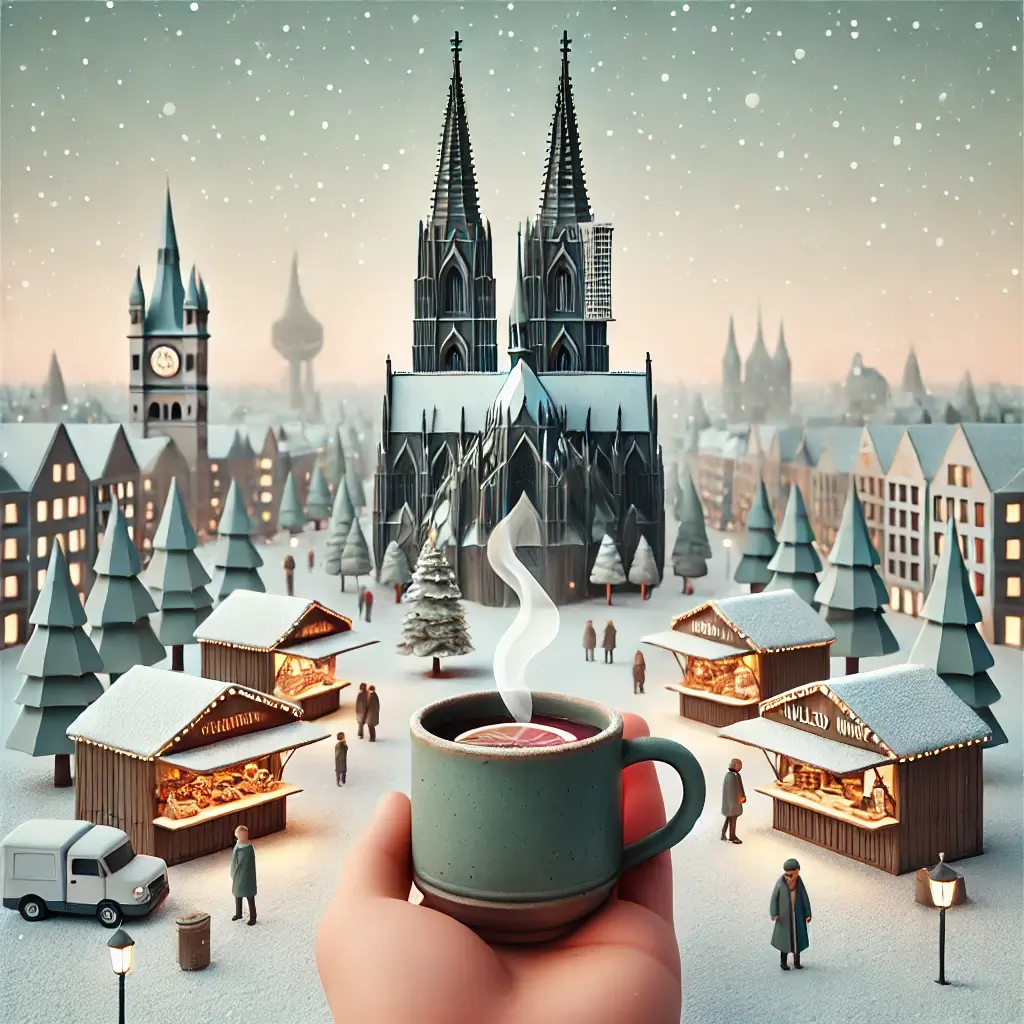 Kölner Weihnachtsmarkt Eine minimalistische Winterszene eines Weihnachtsmarktes in Köln vorm Dom, gestaltet im Low-Poly-Stil mit gedämpften Farben wie Petrolgrün, Beige und Grau. Im Vordergrund hält eine Hand einen dampfenden Glühweinbecher. Im Hintergrund sind Weihnachtsmarktstände mit warmen Lichtern, kleine, stilisierte Figuren sowie geometrische Tannenbäume zu sehen. Der Kölner Dom dominiert die Skyline, ergänzt durch sanft fallenden Schnee und eine moderne, ruhige Ästhetik. Veranschaulichung der Customer Experience auf dem Kölner Weihnachtsmarkt.