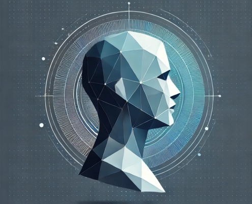 Abstrakte Illustration eines menschlichen Kopfes in geometrischen Formen, umgeben von futuristischen Datenvisualisierungen. Das Bild symbolisiert die Verbindung zwischen datenbasierten Erkenntnissen und der Erstellung präziser Personas im Marketing.