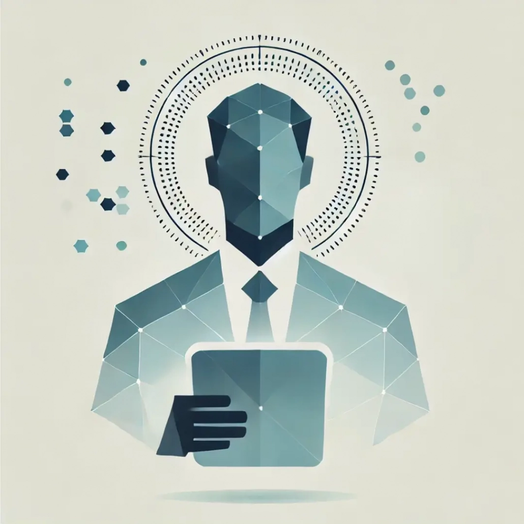 Experteninterview: Datenbasierte Persona nach DIN-Standard Minimalistisches Low-Poly-Bild eines Experten, der auf ein Tablet schaut, während kleine Datenpunkt darüber schweben. Das Bild symbolisiert das Interview mit einem Experten zum Datenbasierte Persona nach DIN-Standard.