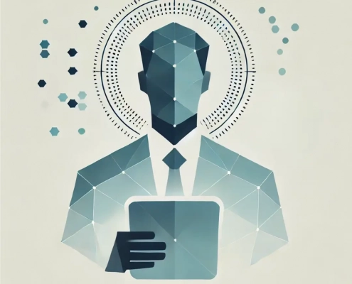 Minimalistisches Low-Poly-Bild eines Experten, der auf ein Tablet schaut, während kleine Datenpunkt darüber schweben. Das Bild symbolisiert das Interview mit einem Experten zum Datenbasierte Persona nach DIN-Standard.